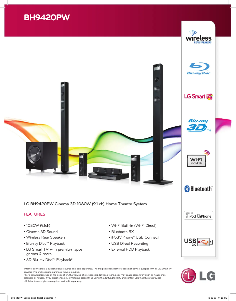 Page 1 de la notice Fiche technique LG BH9420PW
