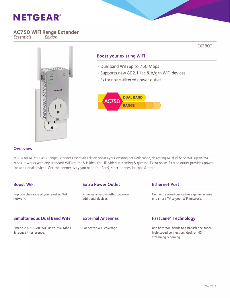 Page 1 de la notice Fiche technique Netgear EX3800