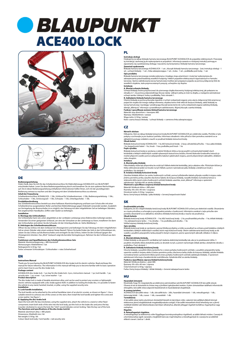 Page 1 de la notice Manuel utilisateur Blaupunkt ACE400 Lock