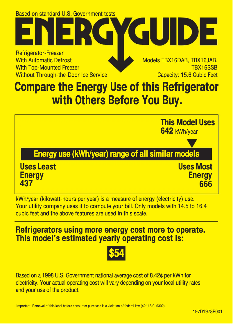 Page 1 of the manual Energy Label GE TBX16JABWW
