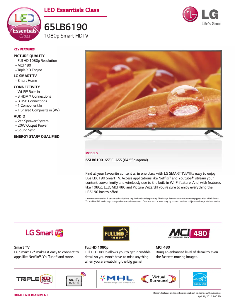 Page 1 de la notice Fiche technique LG 65LB6190