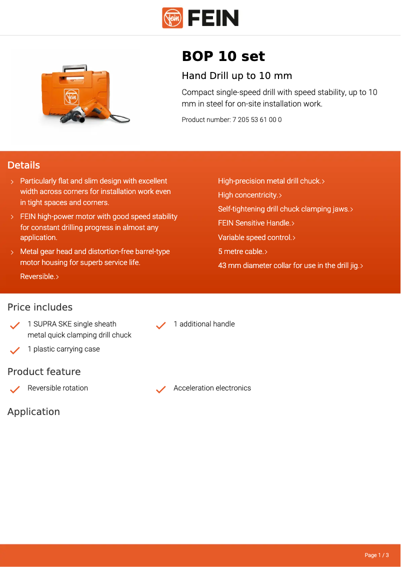 Page 1 de la notice Fiche technique Fein BOP 10
