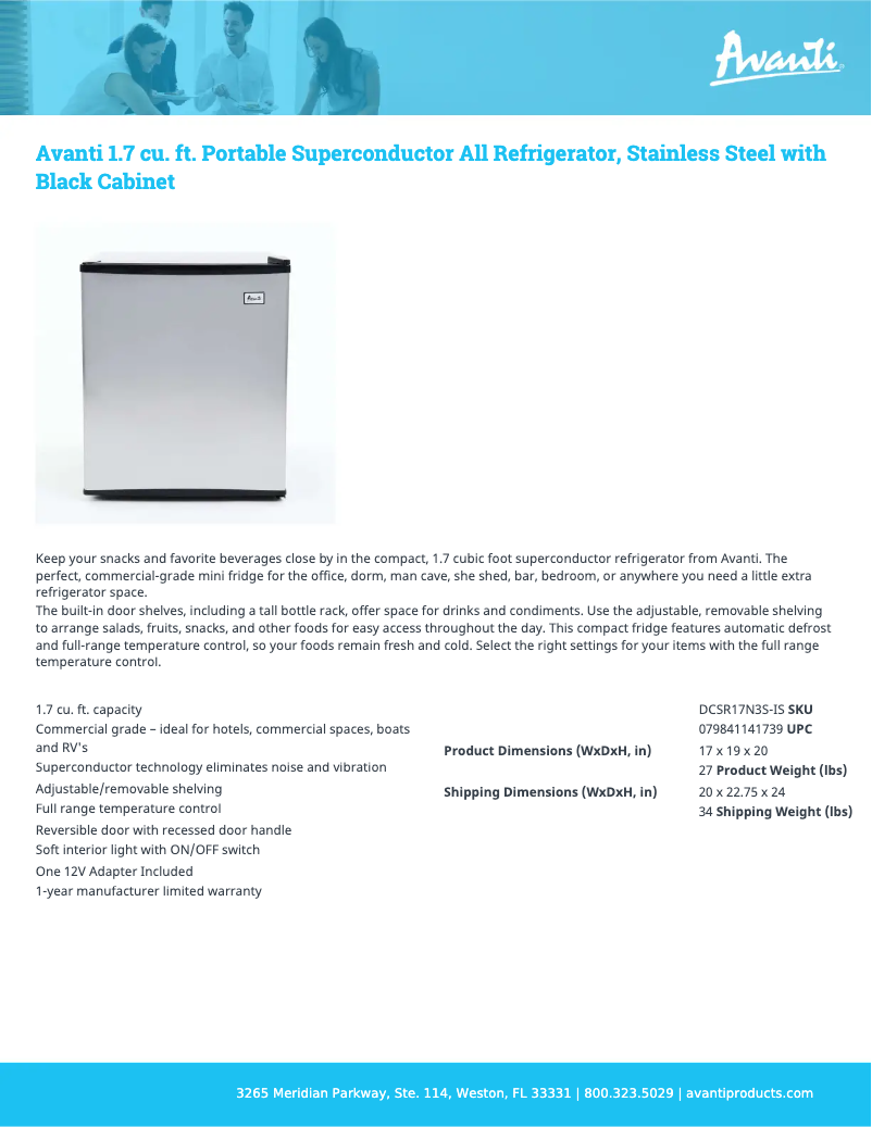 Page 1 de la notice Fiche technique Avanti DCSR17N3S-IS