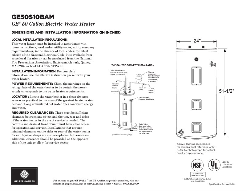 Page 1 of the manual Technical Sheet GE GE50S10BAM