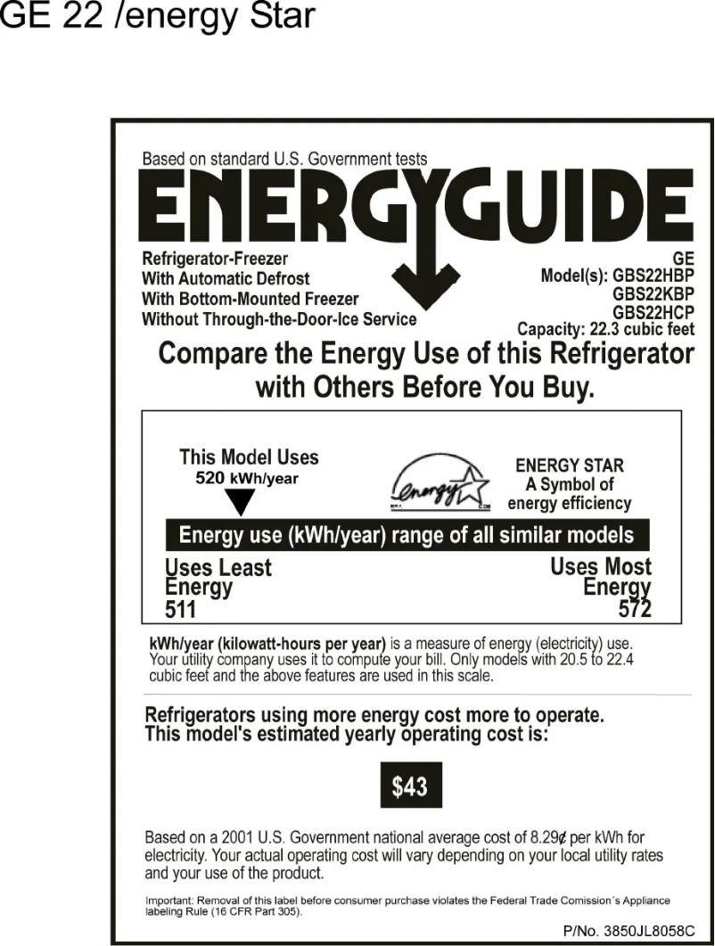 Página 1 del manual Etiqueta energética GE GBS22HBPBB