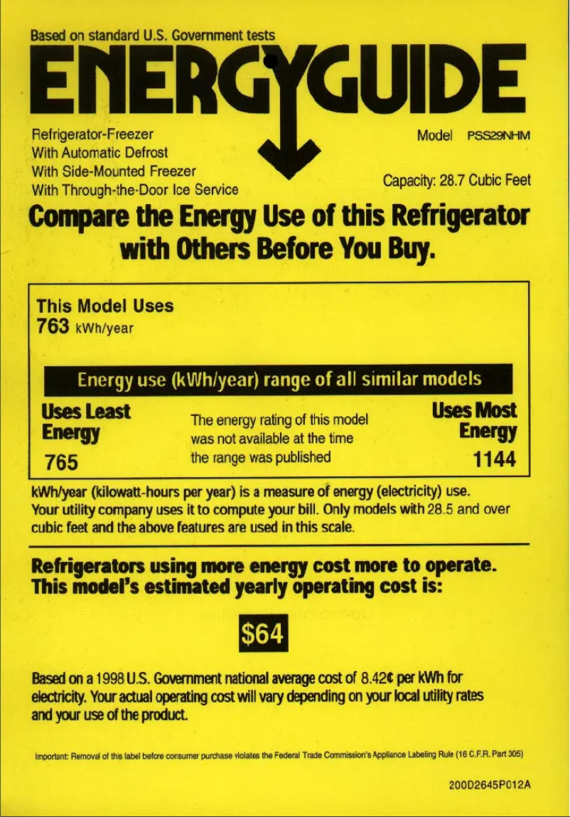 Page 1 de la notice Label énergétique GE Profile Arctica PSS29NHMBB