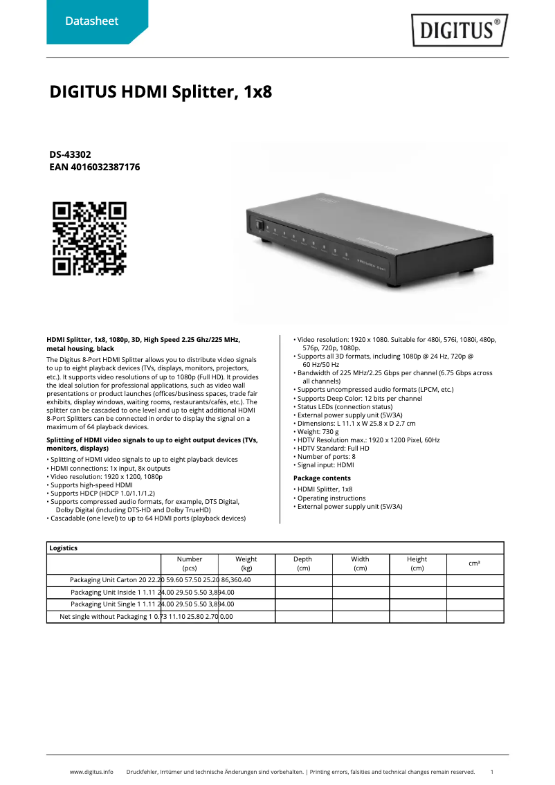 Page 1 de la notice Fiche technique Digitus DS-43302