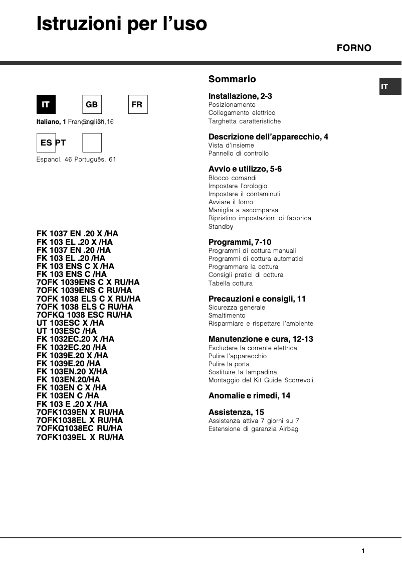 Page 1 de la notice Manuel utilisateur Hotpoint Ariston FK 103E.20 X/HA
