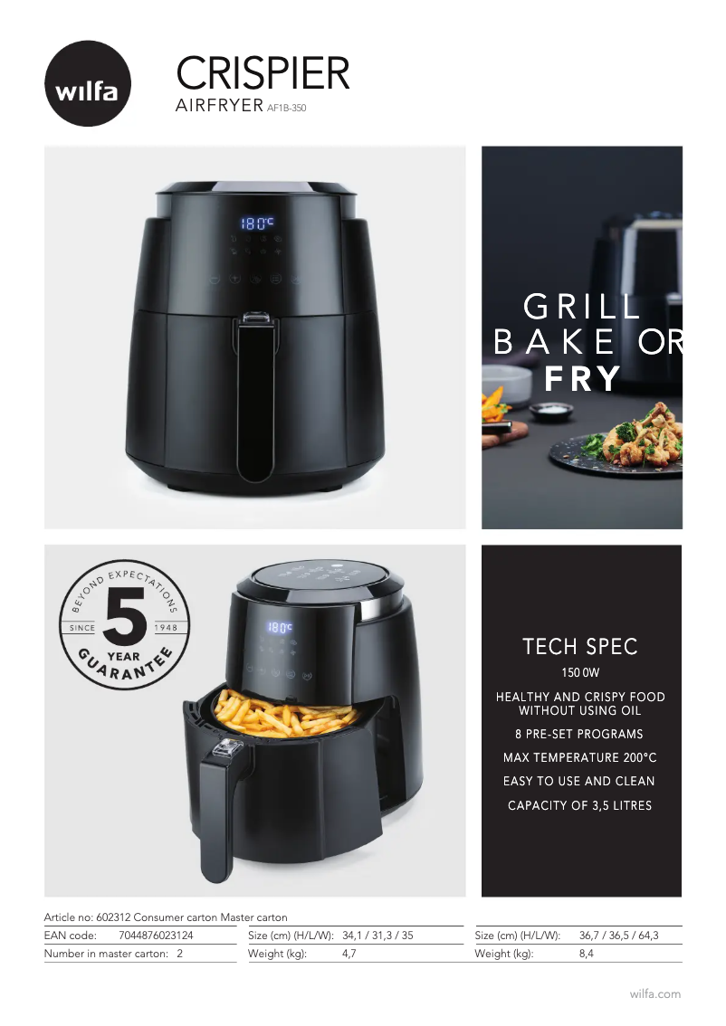 Page 1 de la notice Fiche technique Wilfa Air Fryer AF1B-350