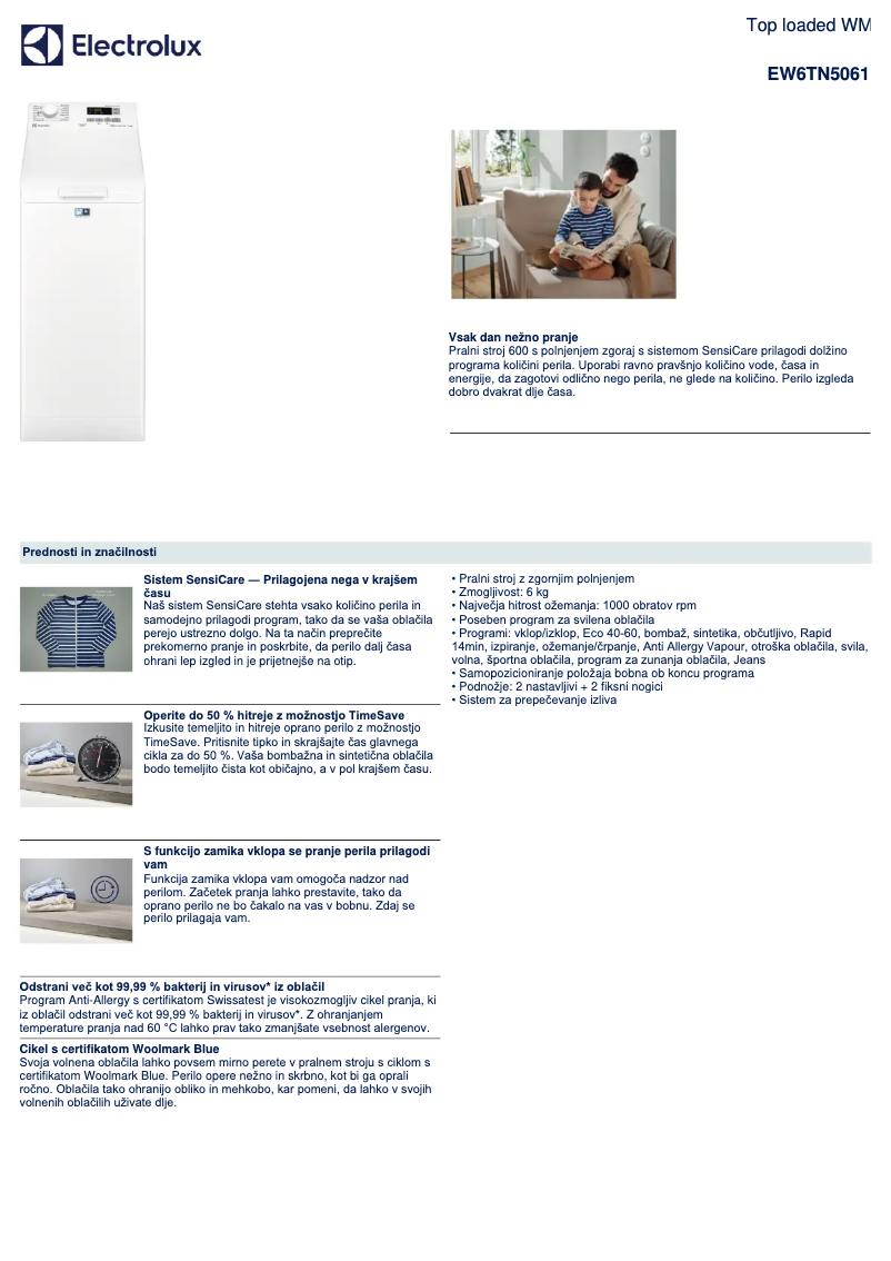 Page 1 de la notice Fiche technique Electrolux EW6TN5061