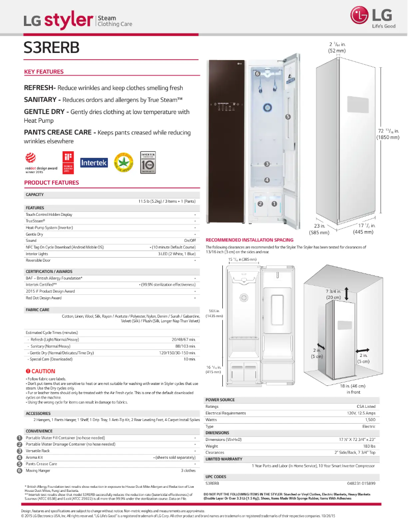 Page 1 de la notice Fiche technique LG Styler S3RERB