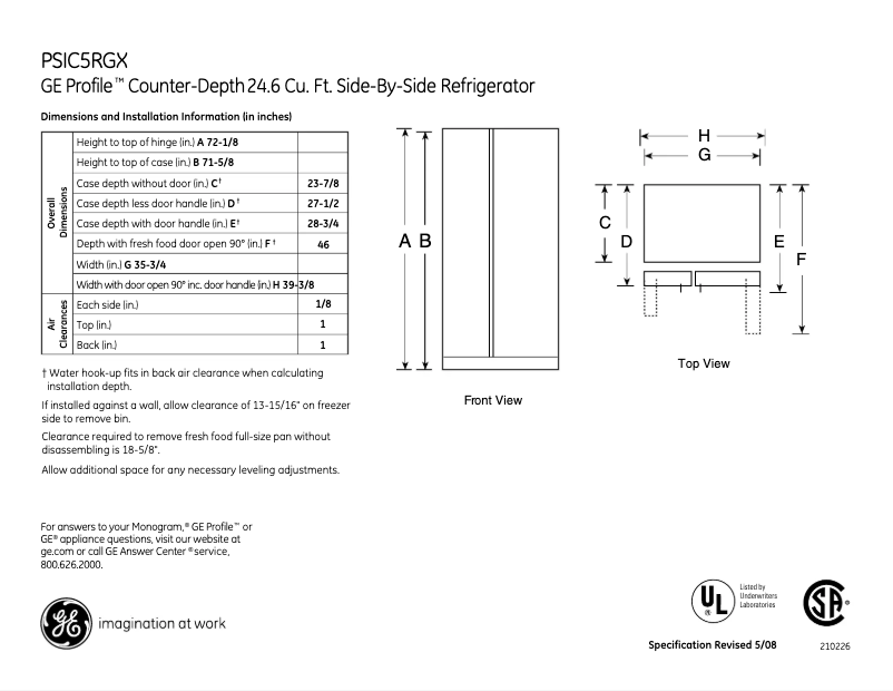 Page n°1 - Fiche technique GE Profile PSIC5RGXBV