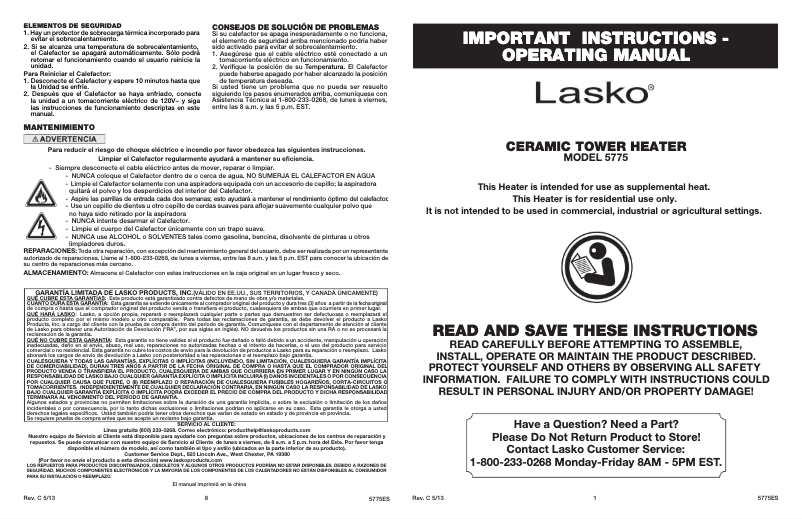 Page 1 of the manual User Manual Lasko 5775