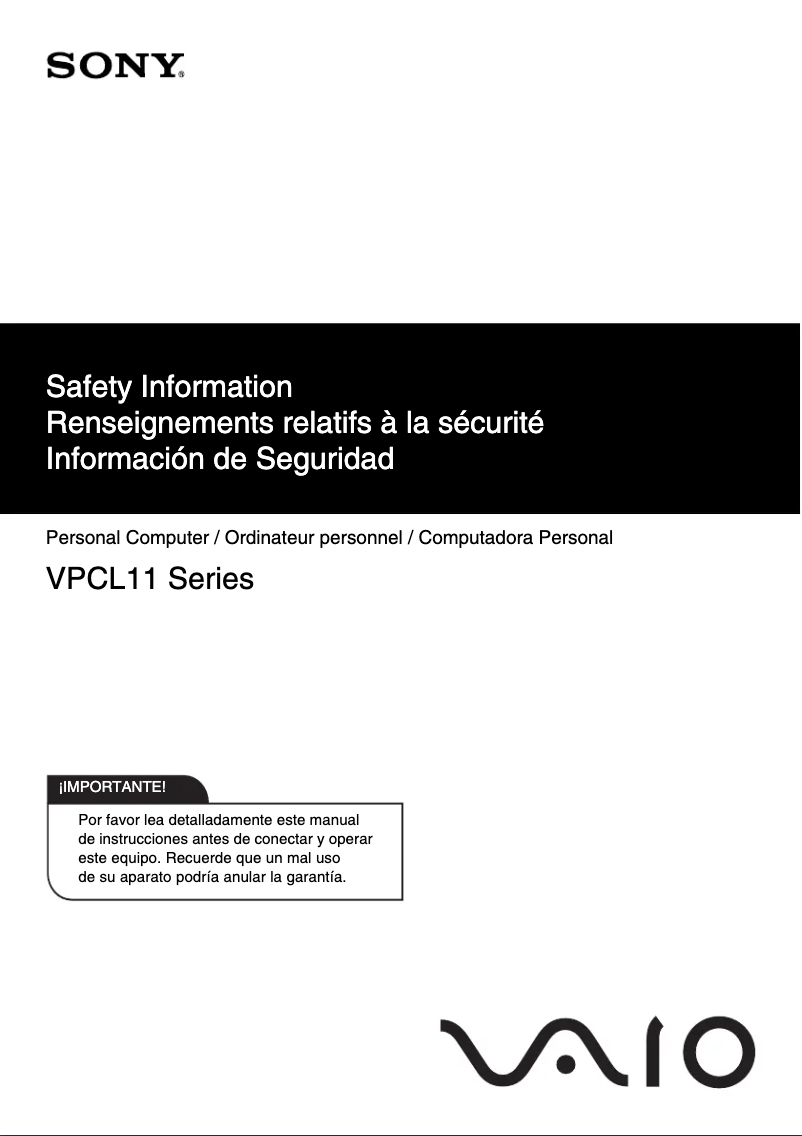 Page 1 de la notice Instructions de sécurité Sony Vaio VPCL114FX