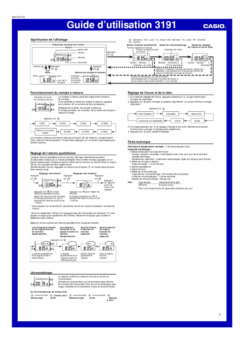 Page 1 de la notice Manuel utilisateur Casio LA670WEGL-9EF