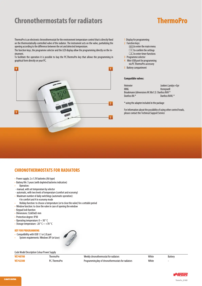 Page 1 de la notice Fiche technique Vemer ThermoPro