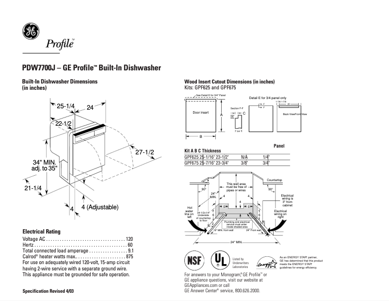 Page 1 de la notice Fiche technique GE Profile PDW7700JBB