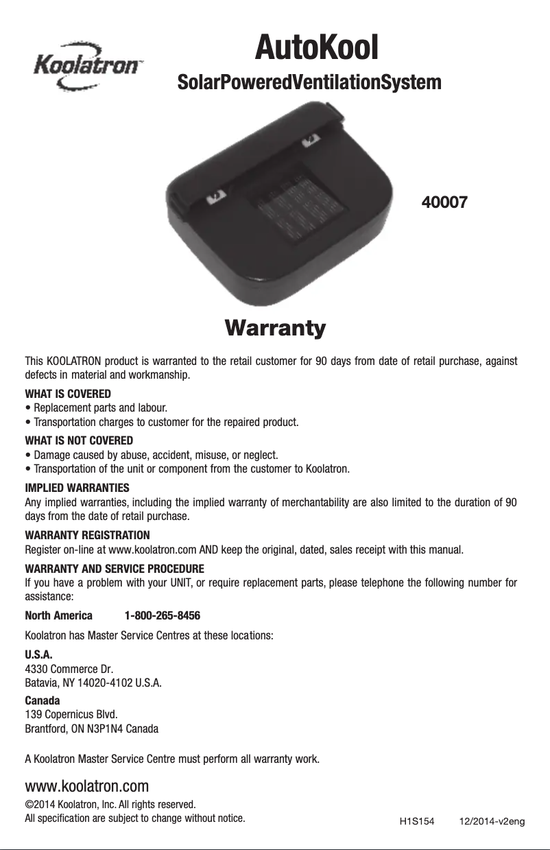 Page 1 de la notice Manuel utilisateur Koolatron 400070