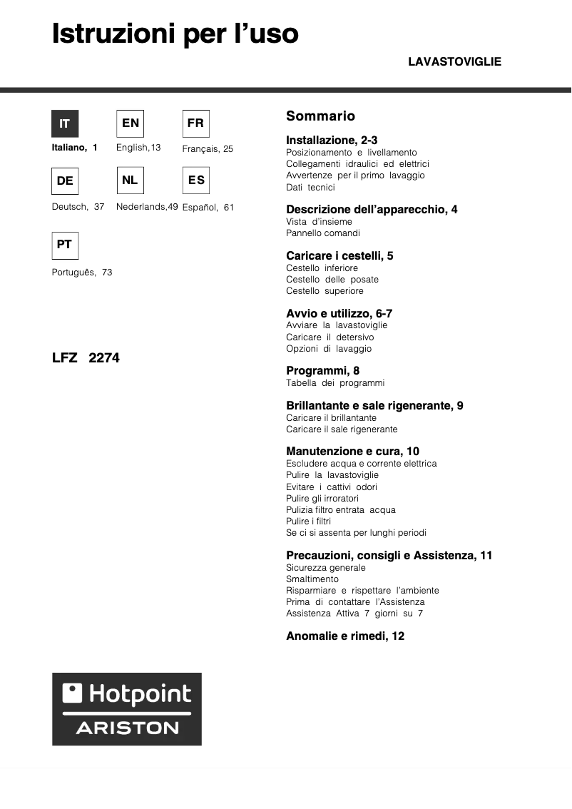 Page 1 de la notice Manuel utilisateur Hotpoint Ariston LFZ 2274