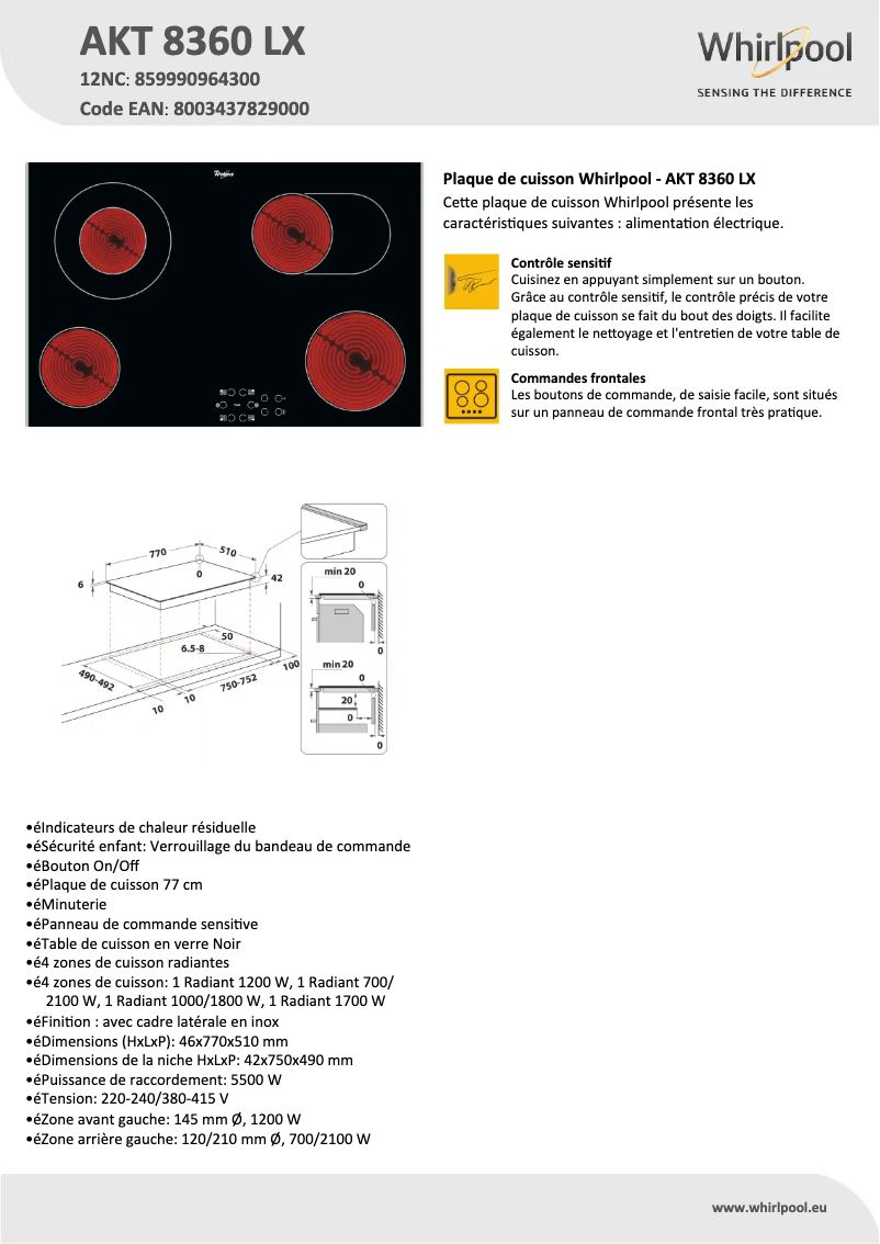 Page 1 de la notice Fiche technique Whirlpool AKT 8360 LX