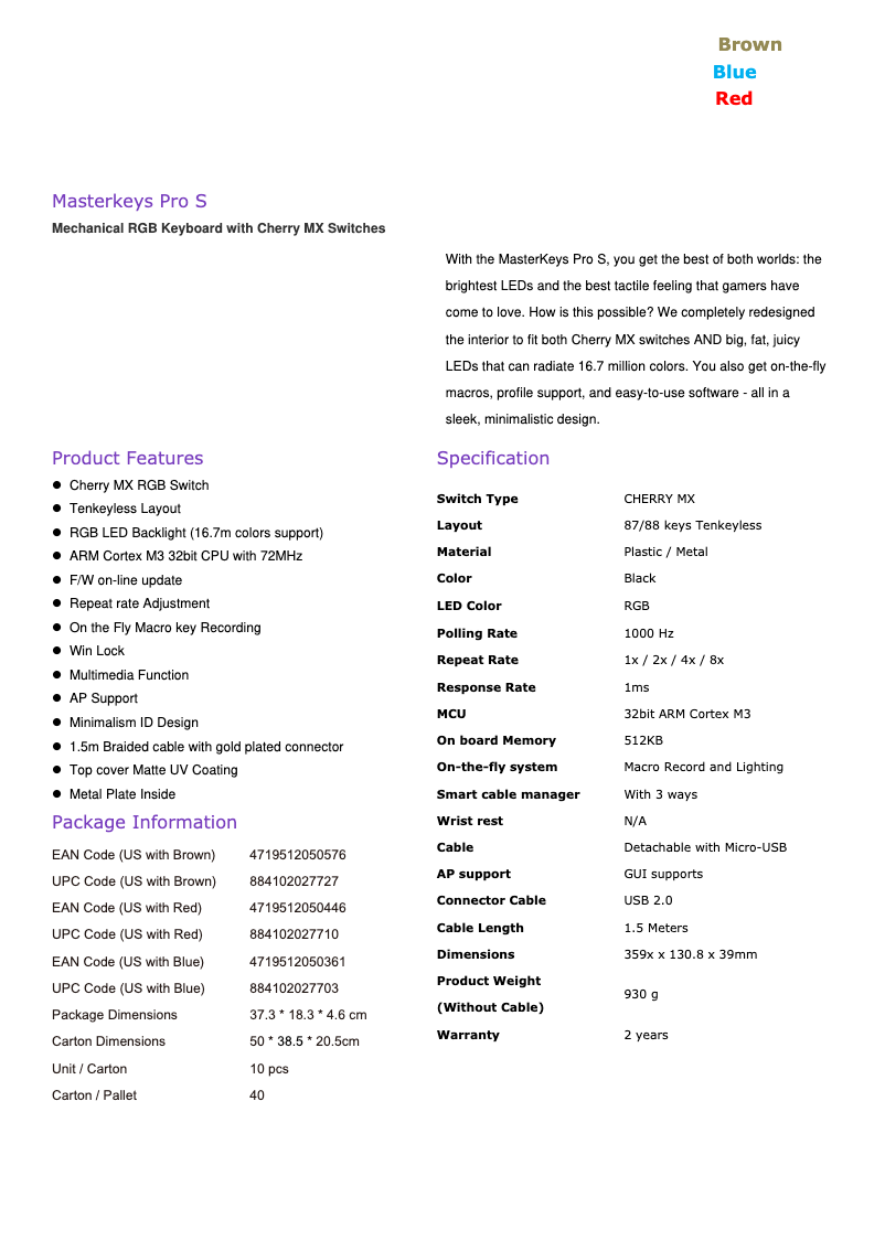Page 1 de la notice Fiche technique Cooler Master MasterKeys Pro S RGB