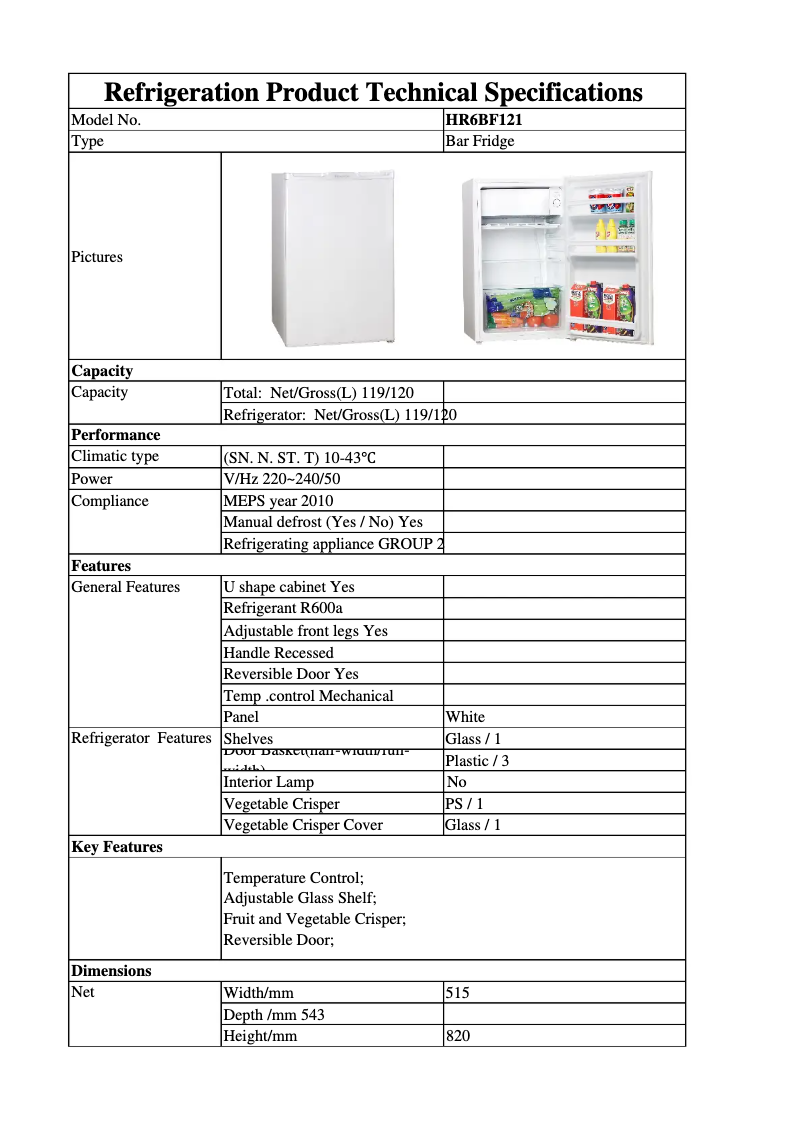 Page 1 de la notice Fiche technique Hisense HR6BF121