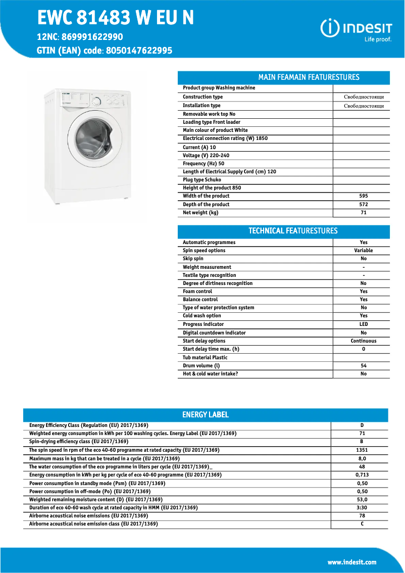 Image de la première page du manuel de l'appareil EWC 81483 W EU N
