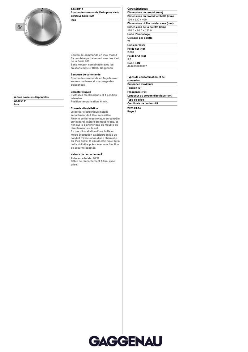 Página 1 del manual Ficha técnica Gaggenau AA490111