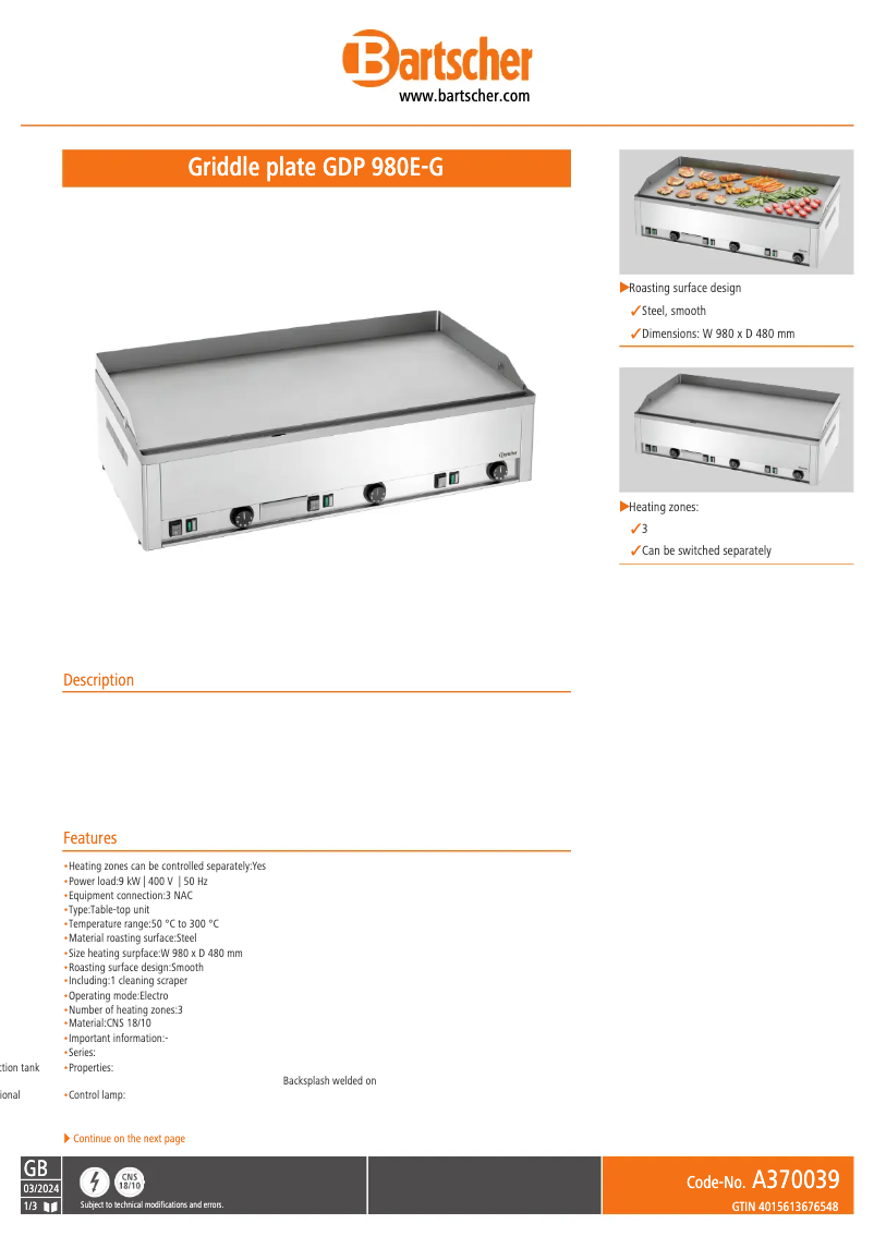Page 1 de la notice Fiche technique Bartscher GDP 980E-G