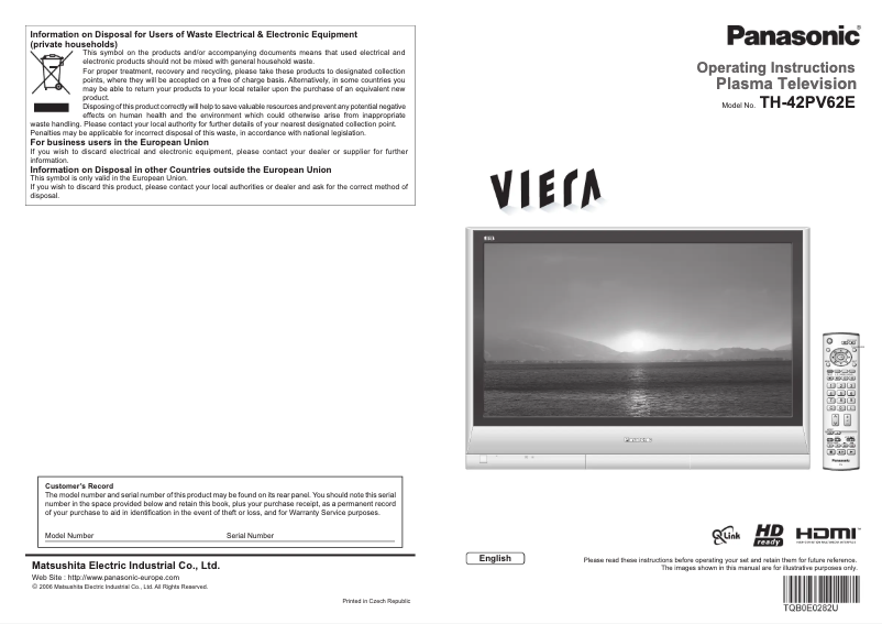 Page 1 de la notice Manuel utilisateur Panasonic Viera TH-42PV62E