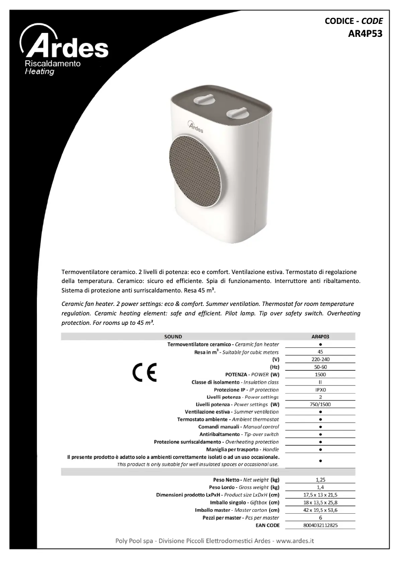 Page 1 de la notice Fiche technique Ardes AR4P03