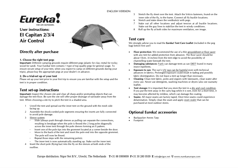 Page 1 of the manual User Manual Eureka EI Capitan 2/3/4 Air Control