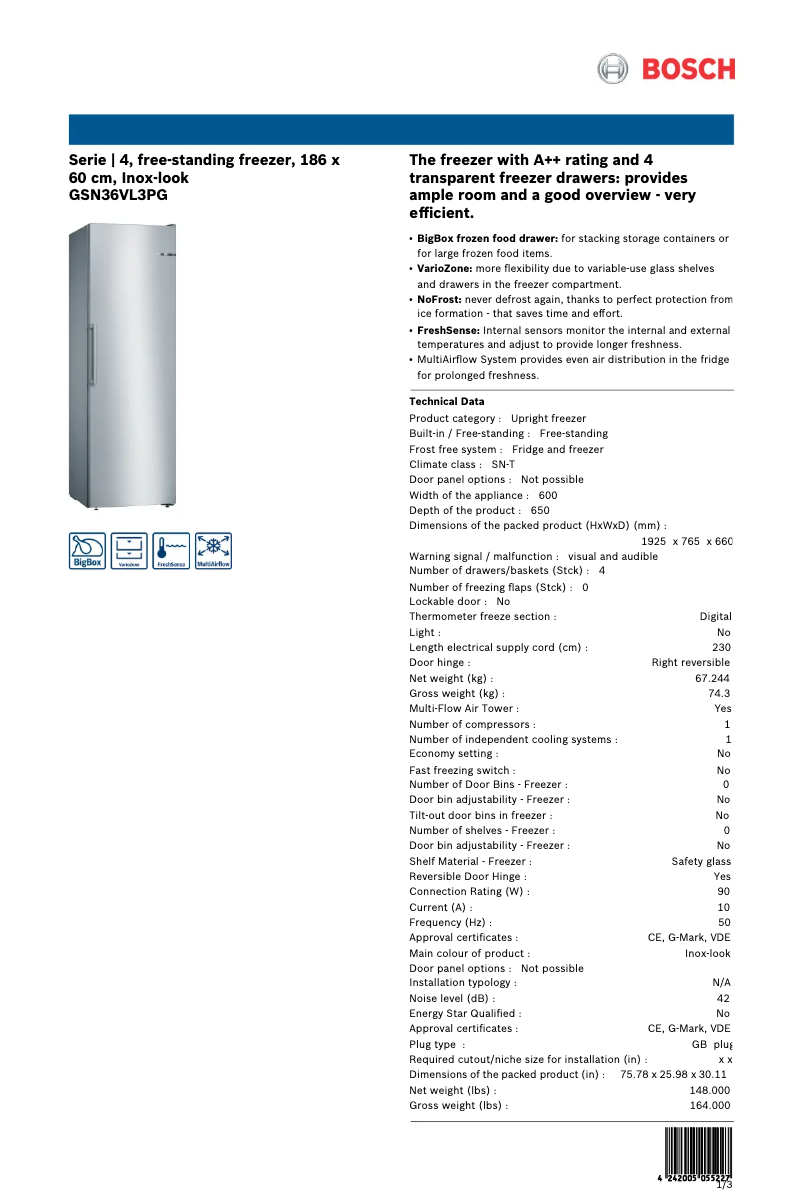 Page 1 de la notice Fiche technique Bosch GSN36VL3PG