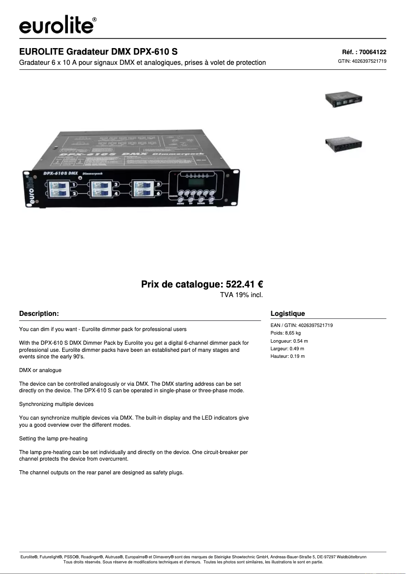Page 1 de la notice Fiche technique Eurolite DPX-610 S