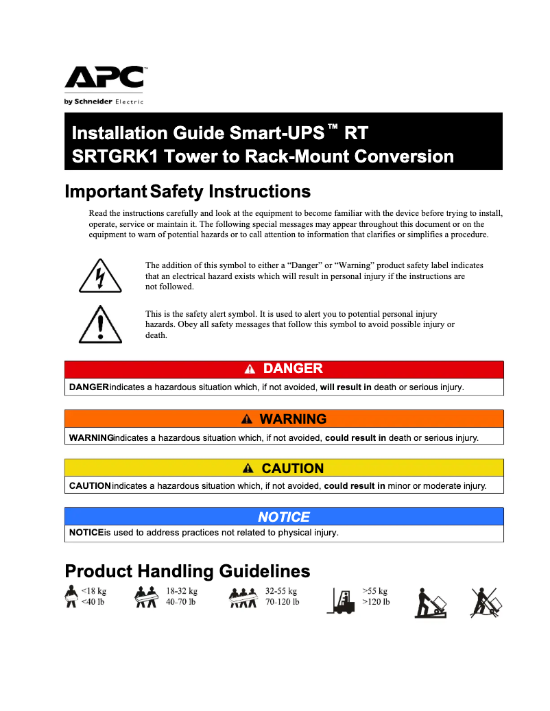 Page 1 de la notice Manuel utilisateur APC SRTGRK1