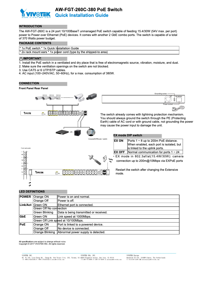 Page 1 de la notice Guide d'installation Vivotek AW-FGT-260D-380