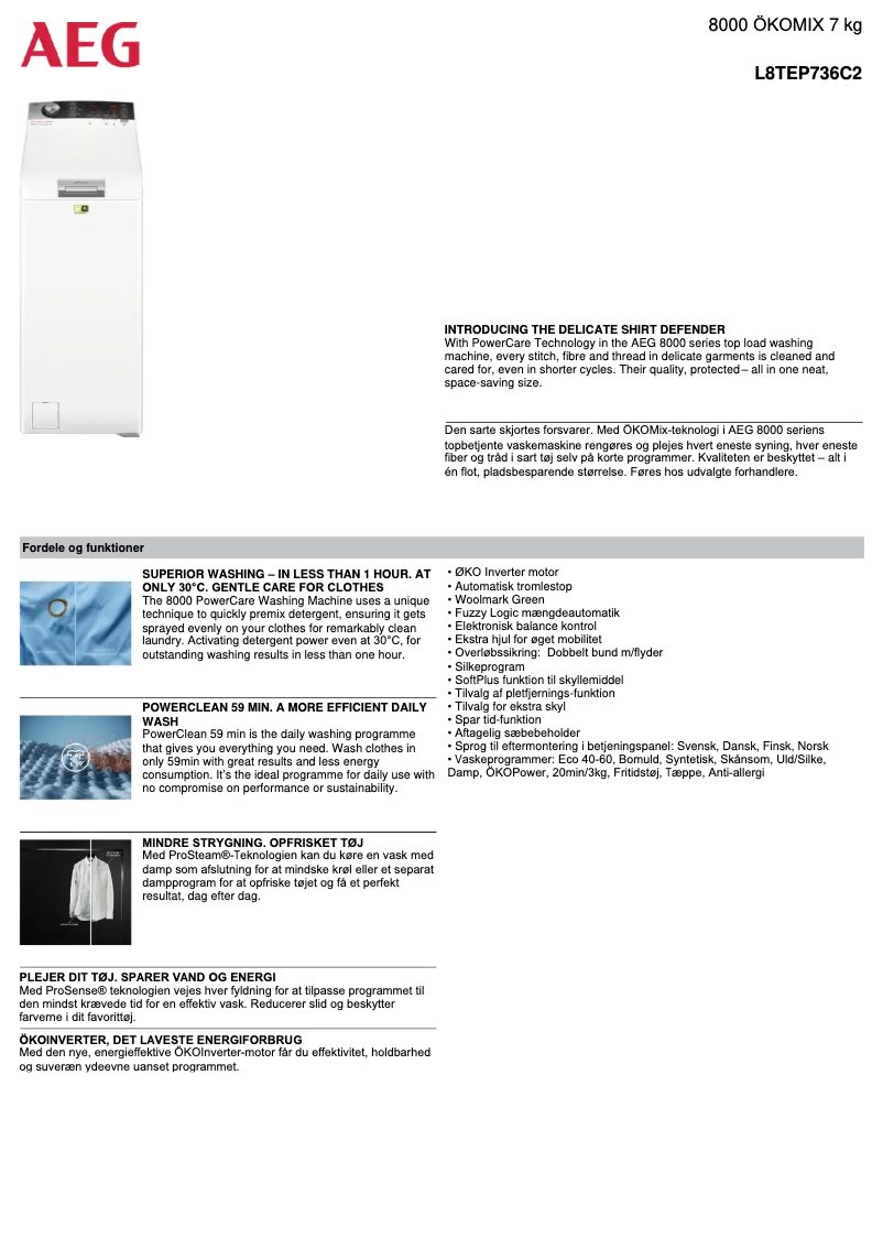 Página 1 del manual Ficha técnica AEG L8TEP736C2
