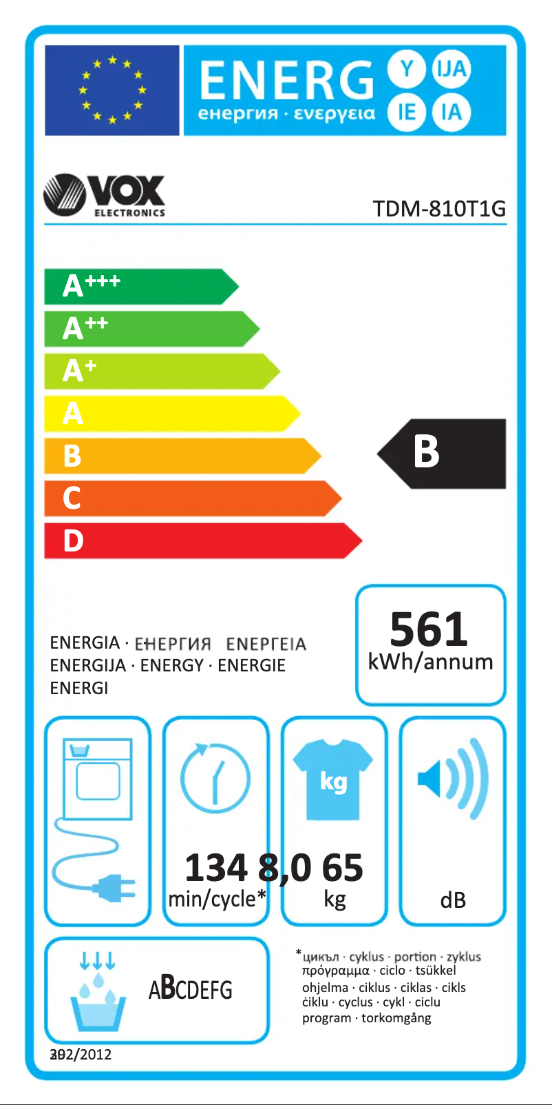 Page 1 de la notice Label énergétique VOX TDM-810T1G