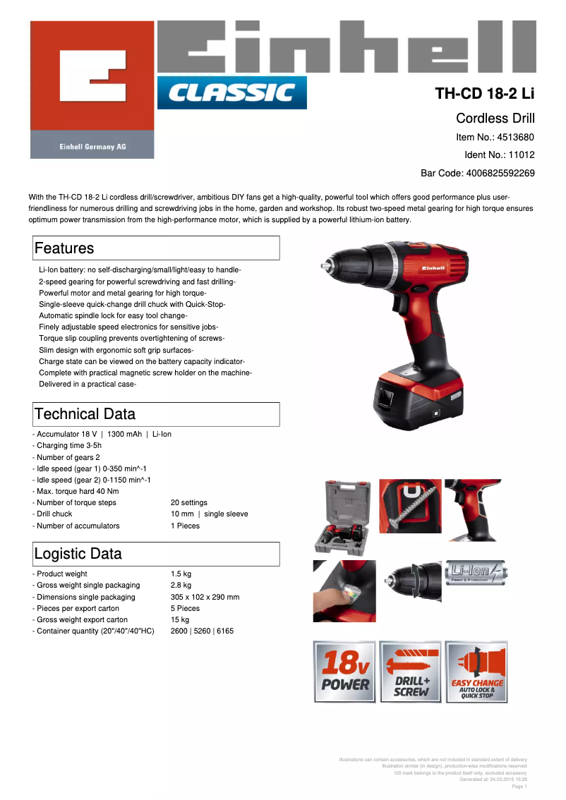 Página 1 del manual Ficha técnica Einhell TH-CD 18-2 LI