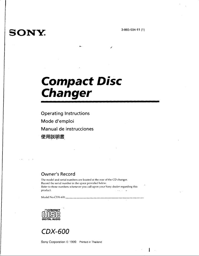 Page 1 de la notice Manuel utilisateur Sony CDX-600