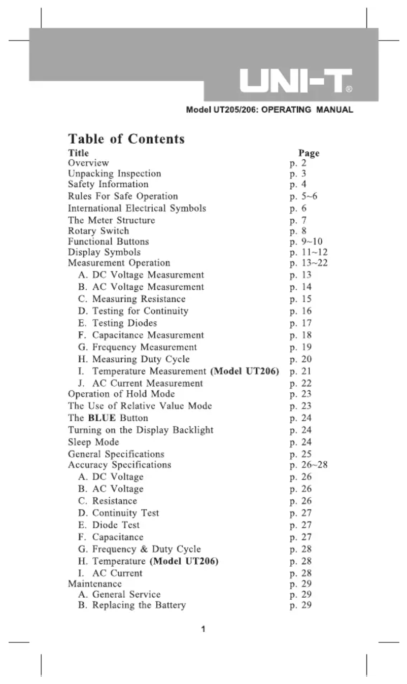 Page 1 de la notice Manuel utilisateur Uni-T UT205
