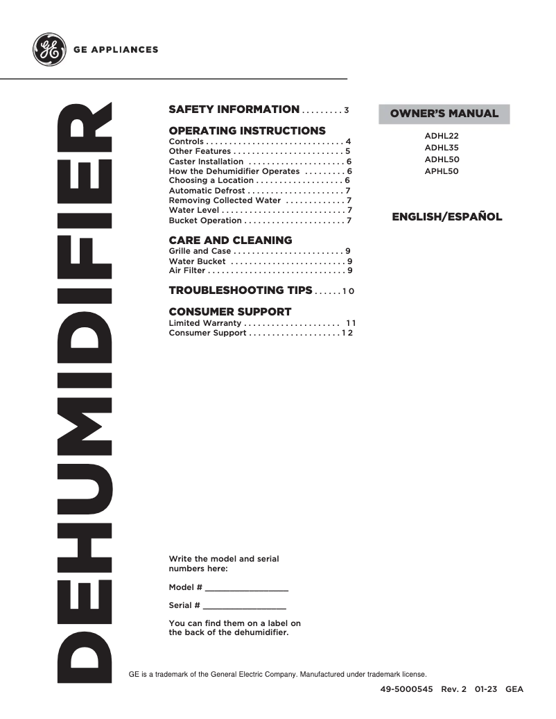 Page 1 of the manual Installation Guide GE ADHL35LA