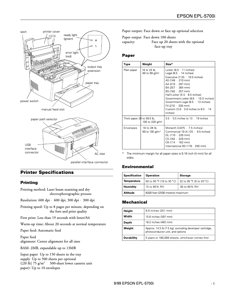 Page 1 de la notice Fiche technique Epson EPL-5700i