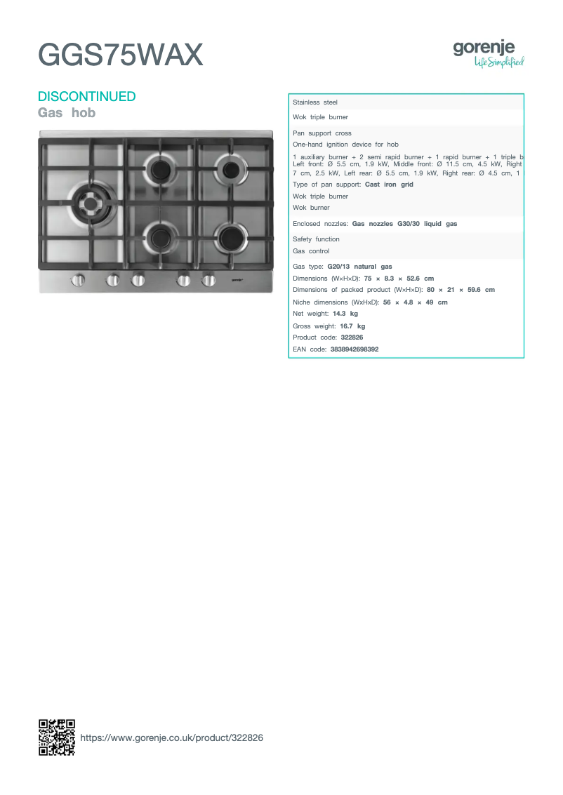 Página 1 del manual Ficha técnica Gorenje GGS75WAX