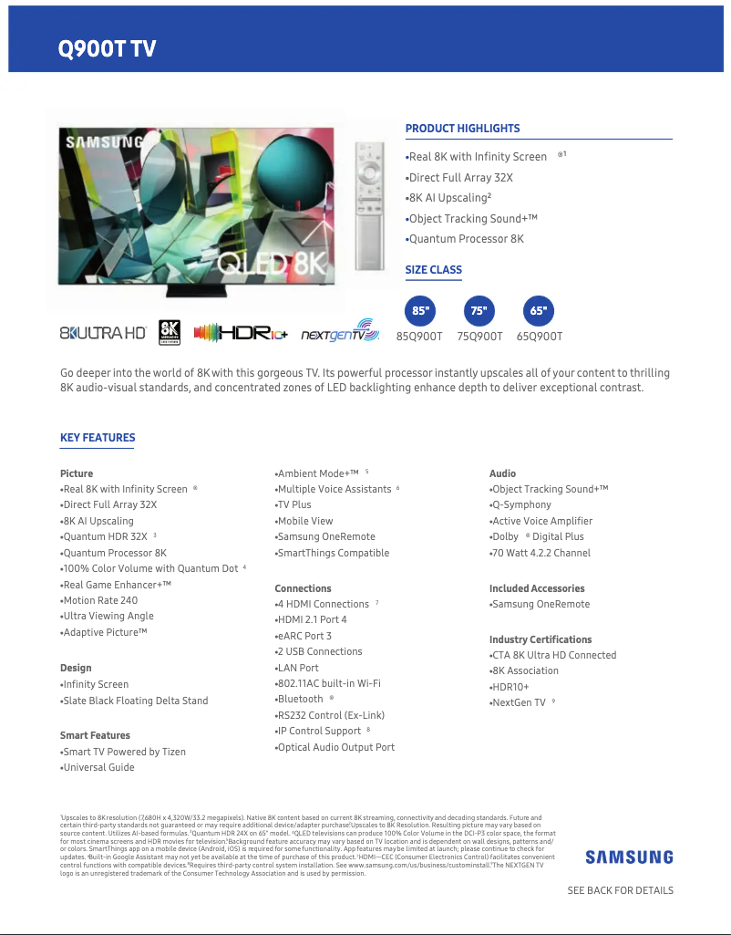 Page 1 de la notice Fiche technique Samsung QN75Q900TSFXZA