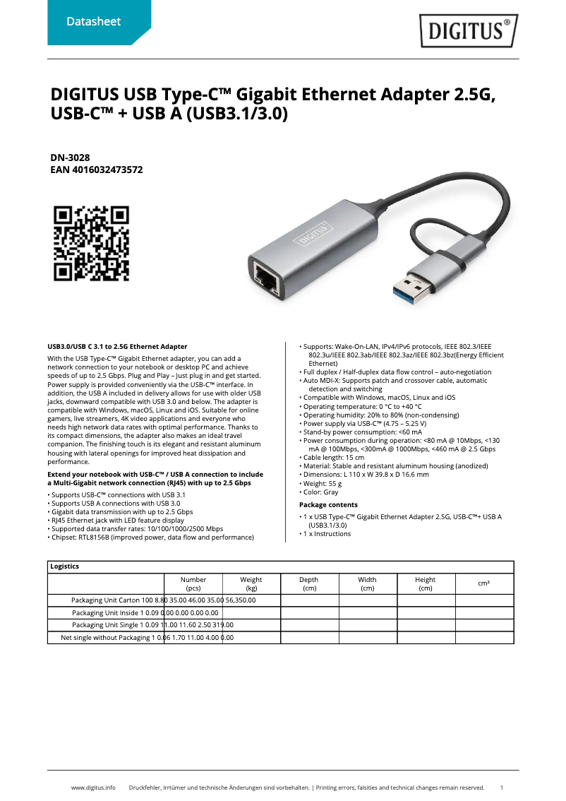 Page 1 de la notice Fiche technique Digitus DN-3028