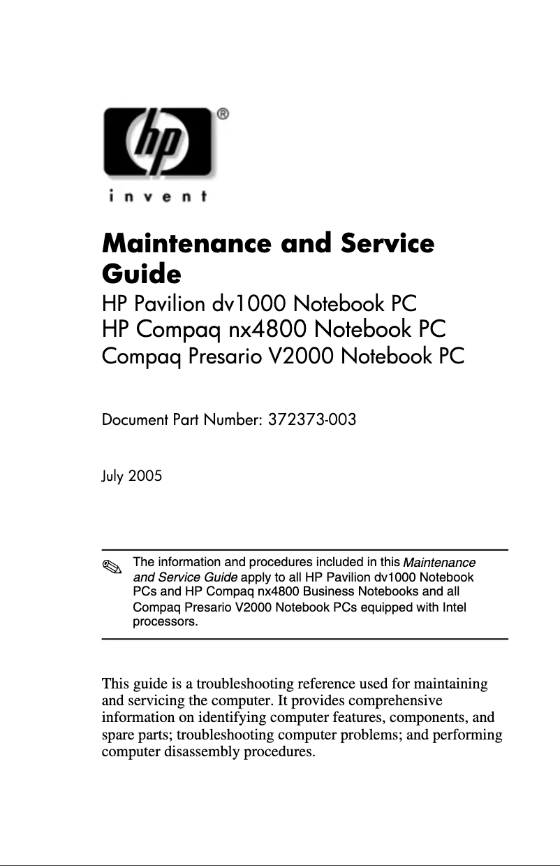 Page n°1 - Manuel utilisateur HP Pavilion DV1000