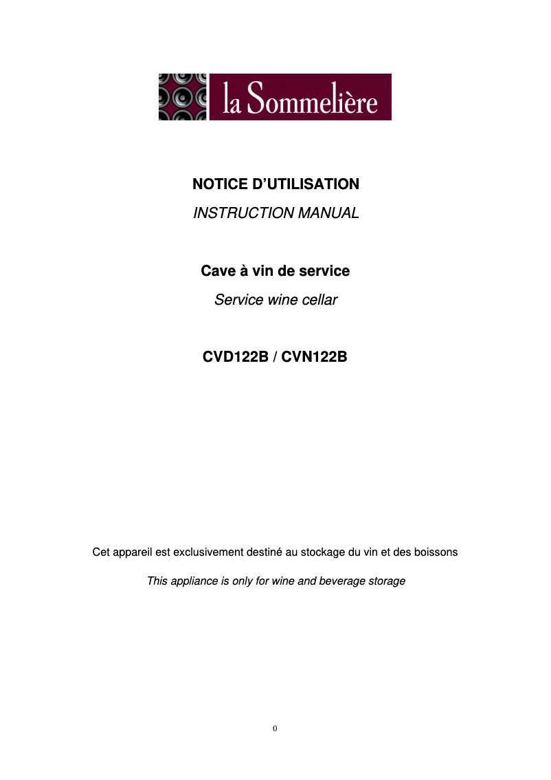 Page 1 de la notice Manuel utilisateur La Sommelière CVN122B