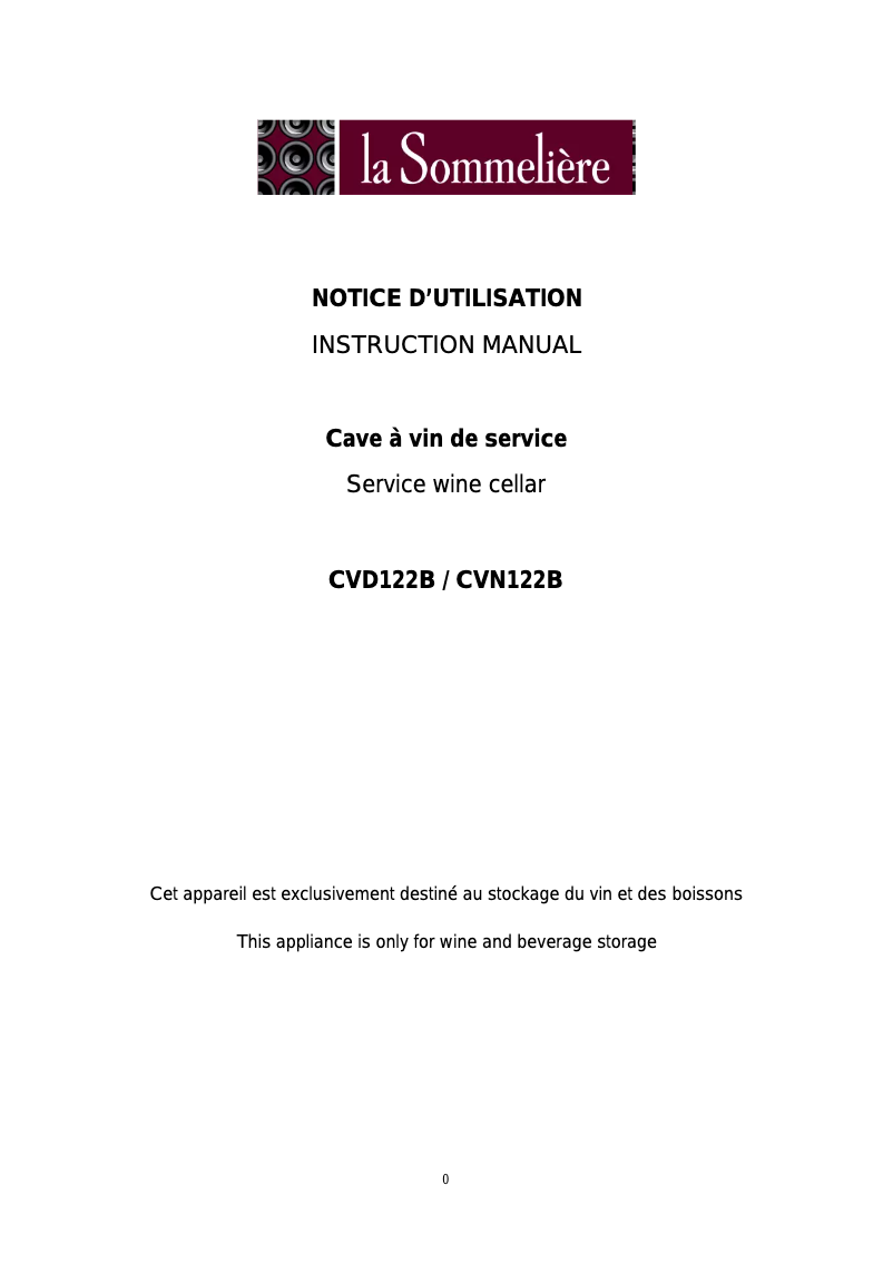 Page 1 de la notice Manuel utilisateur La Sommelière CVN122B