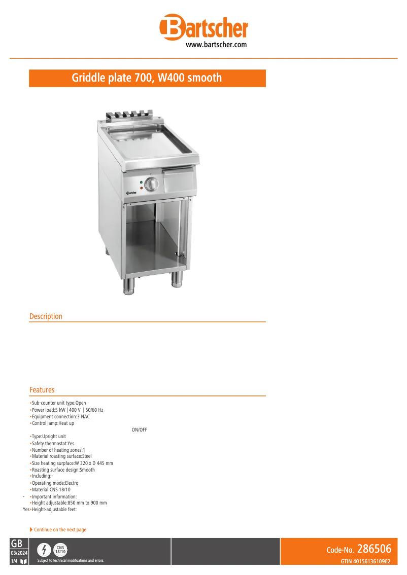 Page 1 de la notice Fiche technique Bartscher 286506